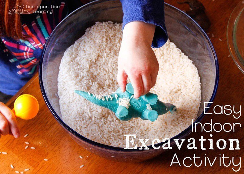 This easy indoor excavation activity will have kids digging for familiar items in a bowl of rice. --Line upon Line Learning blog