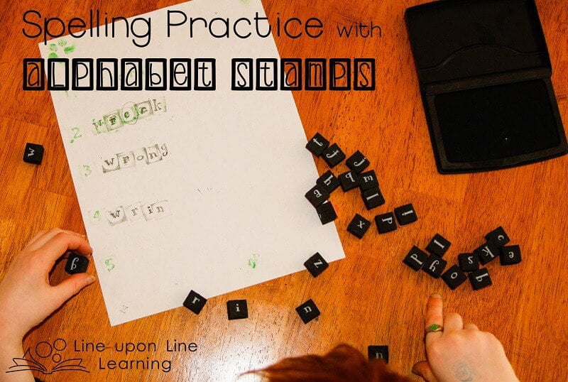 Spelling practice with alphabet stamps helps reinforce spelling knowledge in a hands on way. Line upon Line Learning