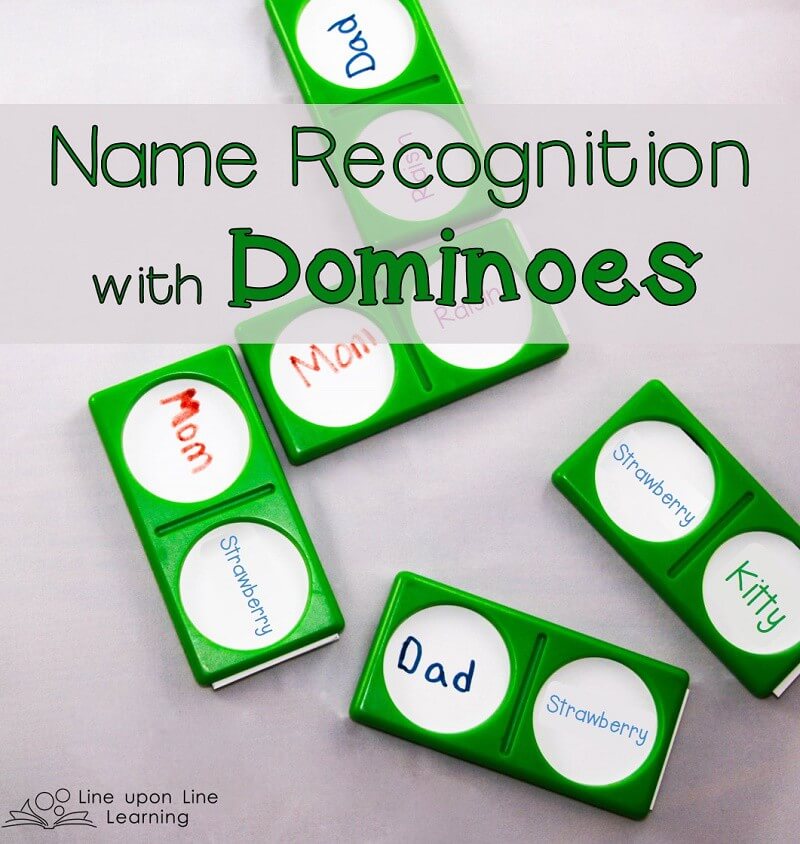 My daughter loved making a train with the names of those in her family! Name recognition dominoes was a fun twist on name recognition practice.