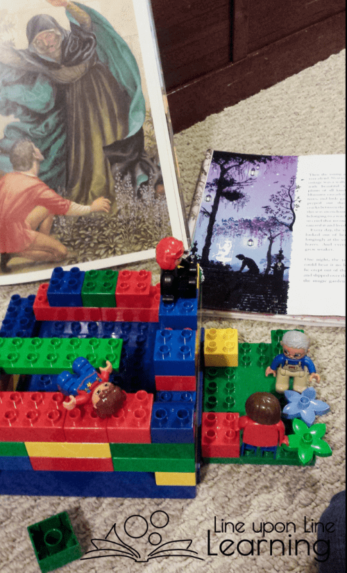Part of our Rapunzel engineering challenge: The mother is on a wall overlooking a garden. The father has encountered the witch, who demands their unborn baby!