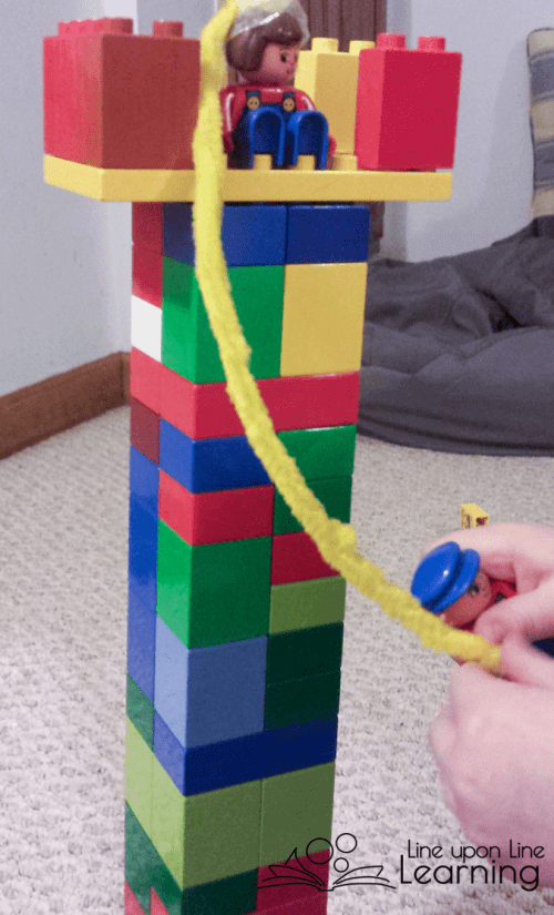 We loved making a tall skinny tower for our Rapunzel engineering challenge. We tapped Rapunzel's hair on and pretended to climb it.