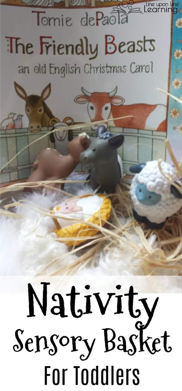 This Nativity sensory basket for toddlers simulates the feel of the barn with feathers, wool, hay, and a wooden basket. Inspired by the carol, The Friendly Beasts.