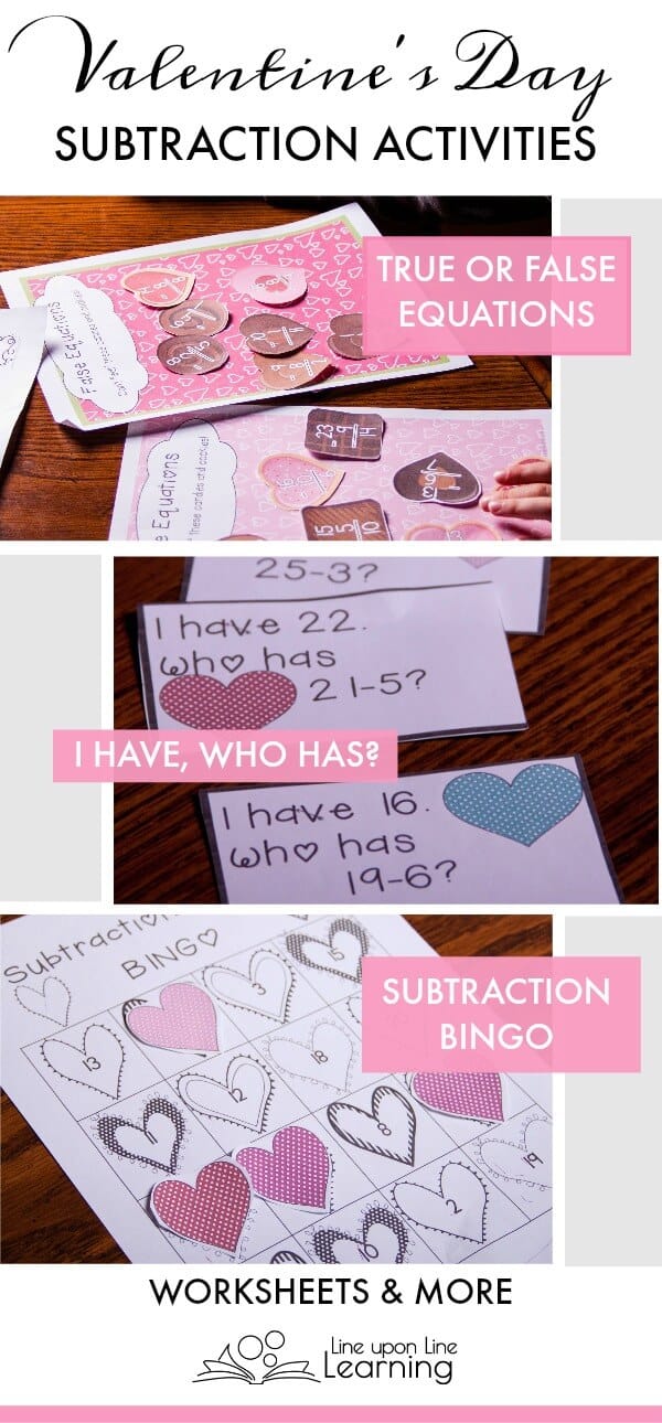 We review subtraction with Valentine's Day themed activities and worksheets, including subtraction BINGO, and subtraction true/false equations. We review subtraction with Valentine's Day themed activities and worksheets, including subtraction BINGO, and subtraction true/false equations.