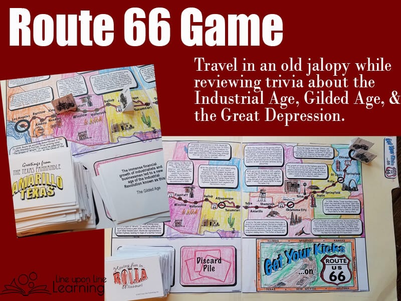 Get Your Kicks on Route 66 in an old jalopy. We loved traveling across the country from Chicago to California as we learned about the Great Depression migration and the eras leading up to it via this fun trivia file folder game!